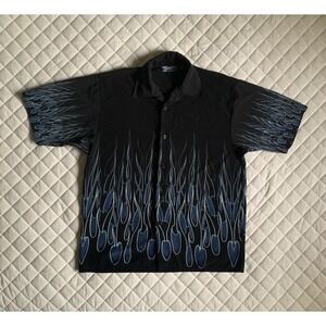 Y2K VTG Dragonfly Graphic Black & Blue Flame‎ Button Up Shirt Sz L Streetwear